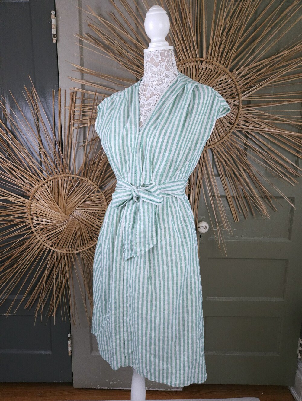 Max Studio Green White Striped Cotton Woven Summer Lightweight Hi-Low Dress XS
